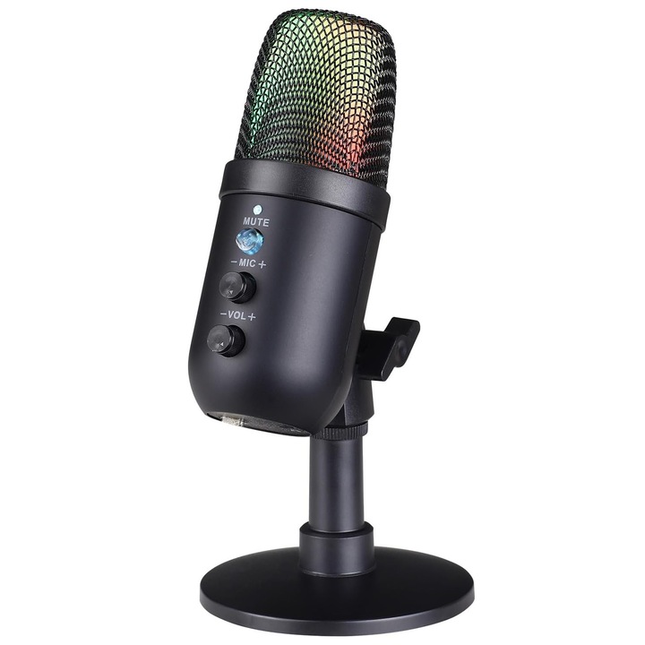 Cardioid Rgb USB kondenzátor mikrofon, Latauar, Számítógépes játékokhoz, Fekete