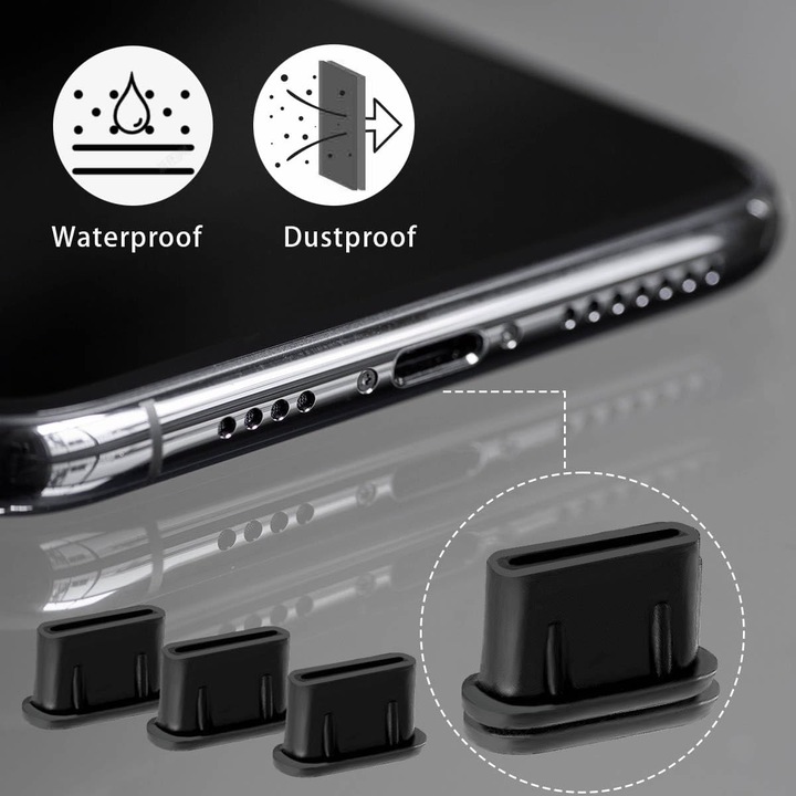 Set 30 bucati mufe pentru protejarea de praf a porturilor USB-C, enkourakoko®, din plastic, Negru