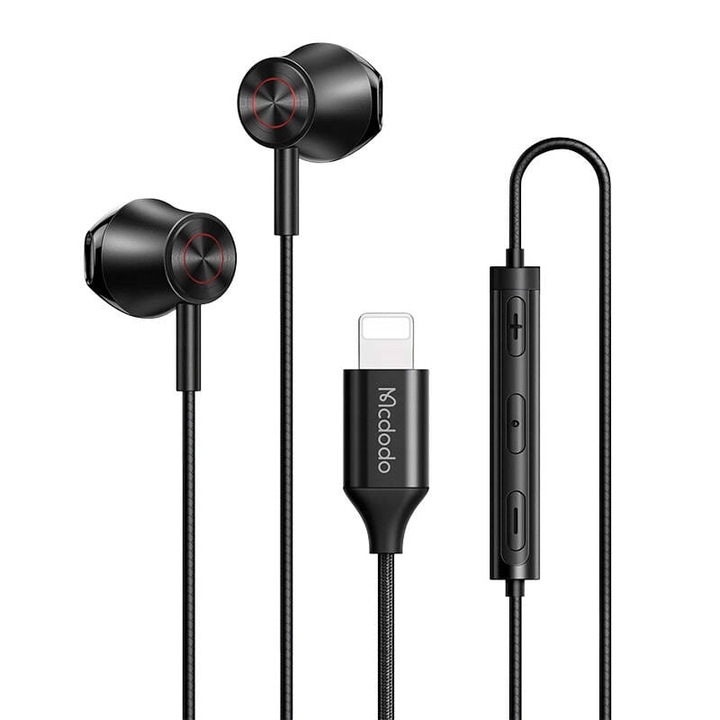 Mcdodo In-Ear Lightning mikrofon vezetékes fejhallgató iPhone 5 / 6 / 7 / 8 / X / XS / XR / SE / 11 / 12 / 13 / 14 / Plus / Pro / Max, fekete