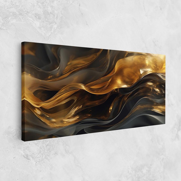 Картина на платно, ARTHUB, 60x120 cm | Спалня и Дневна, Абстрактни, Абстрактно с линии, Gold With Black Wave