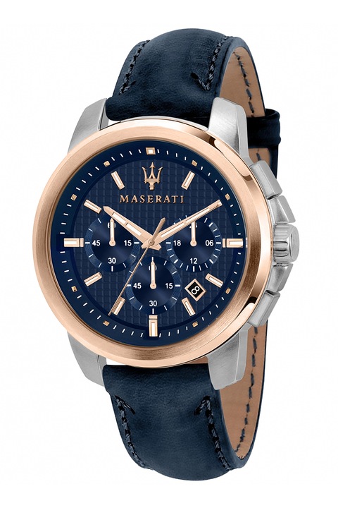 Maserati, Часовник с хронограф и кожена каишка, Rose Gold, Сребрист, Тъмносин