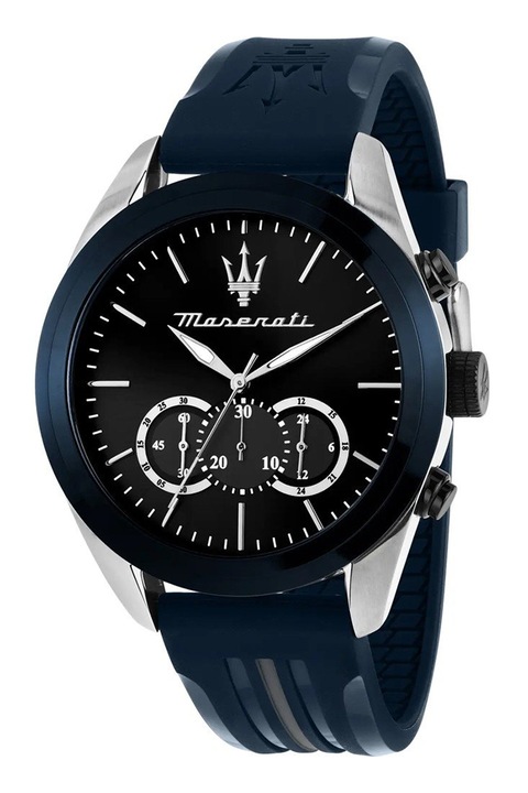 Maserati, Часовник с хронограф и силиконова каишка, Сребрист, Тъмносин