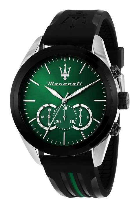 Maserati, Часовник с хронограф и силиконова каишка, Сребрист, Черен