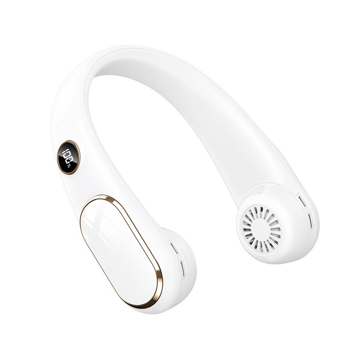 Mini hordozható nyakventilátor, YWX, 4 sebességfokozat, LED kijelző, USB, akár 20 óra üzemidő, 4000 mAh akkumulátor, 5W teljesítmény, rugalmas, fehér