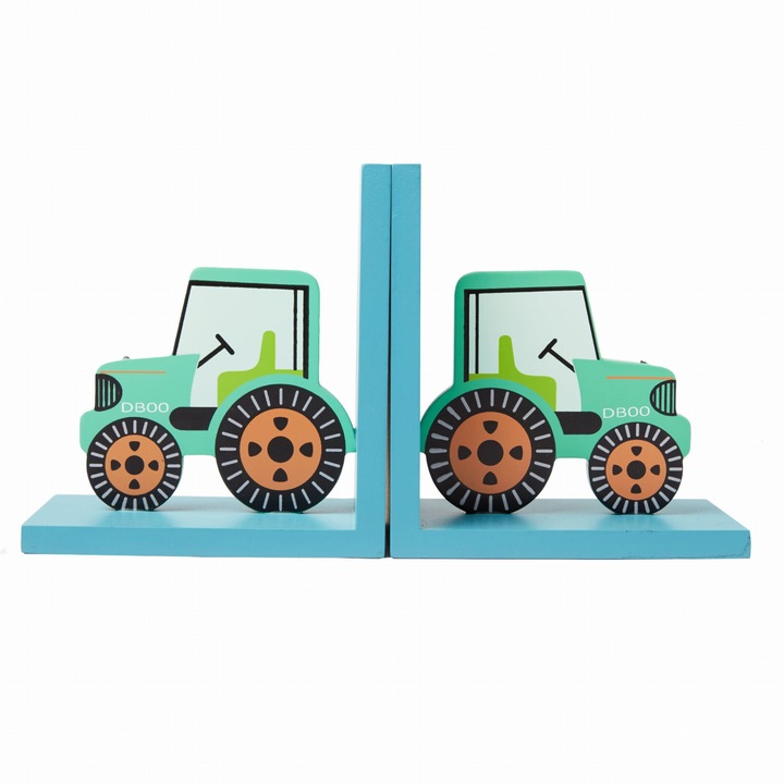 Set 2 suporturi pentru carti Sass & Belle, Tractor Verde, pentru copii, 14.5x15.2x9.2cm, albastru