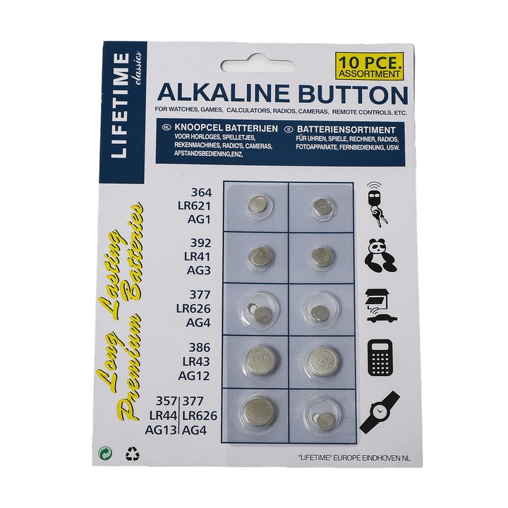 Комплект от 10 T&E бутон батерии, алкални, AG1/AG3/AG4/AG12/AG13