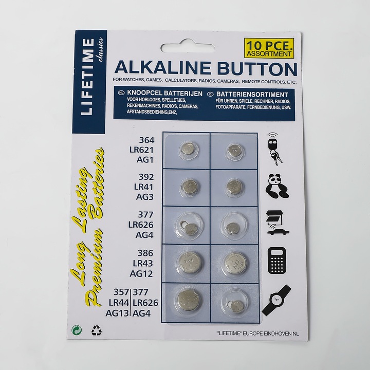 Set 10 baterii tip buton T&E, alcaline, AG1/AG3/AG4/AG12/AG13