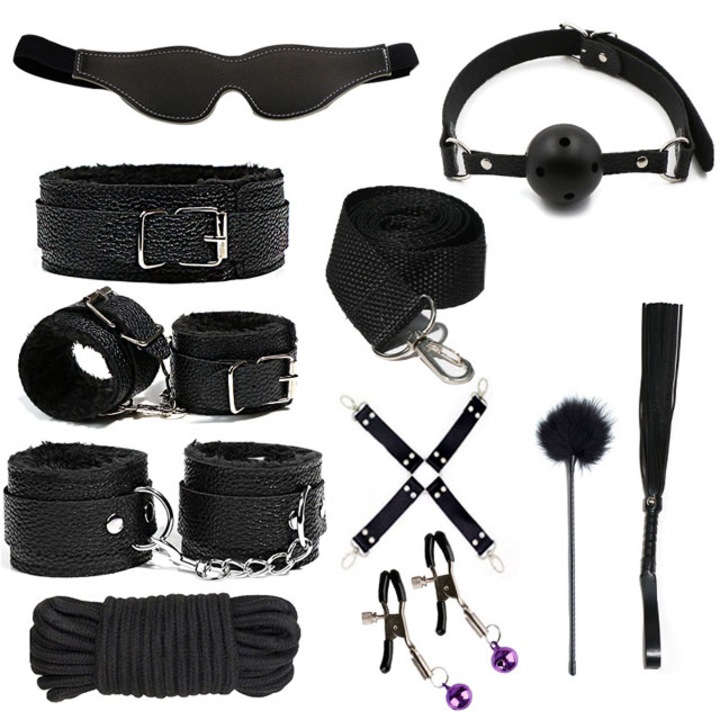 Комплект аксесоари, BDSM Notekisskai, Еко кожа, 10 части, черен