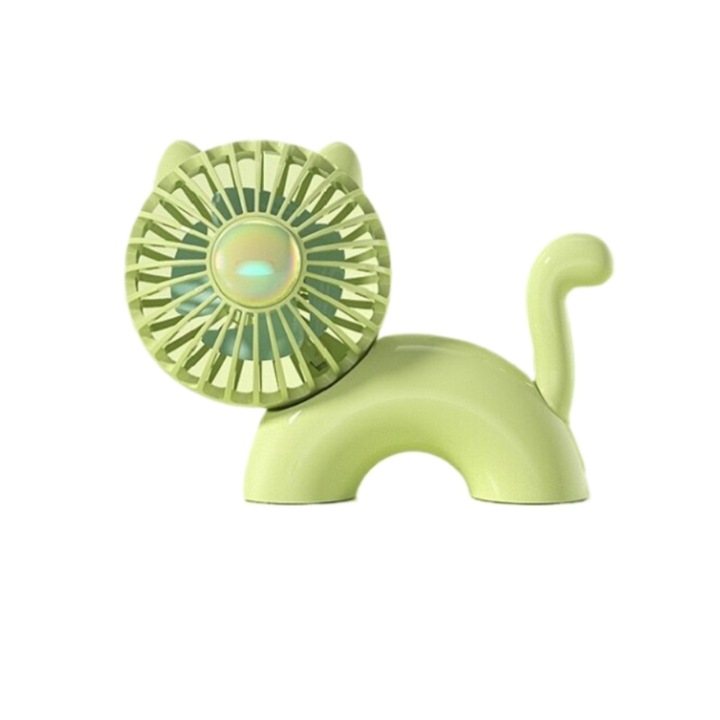 Ventilator Desktop Pisica Rotatie Cap/Coada, 3 Viteze USB &Decor/Cadou, verde, 130x60x95mm