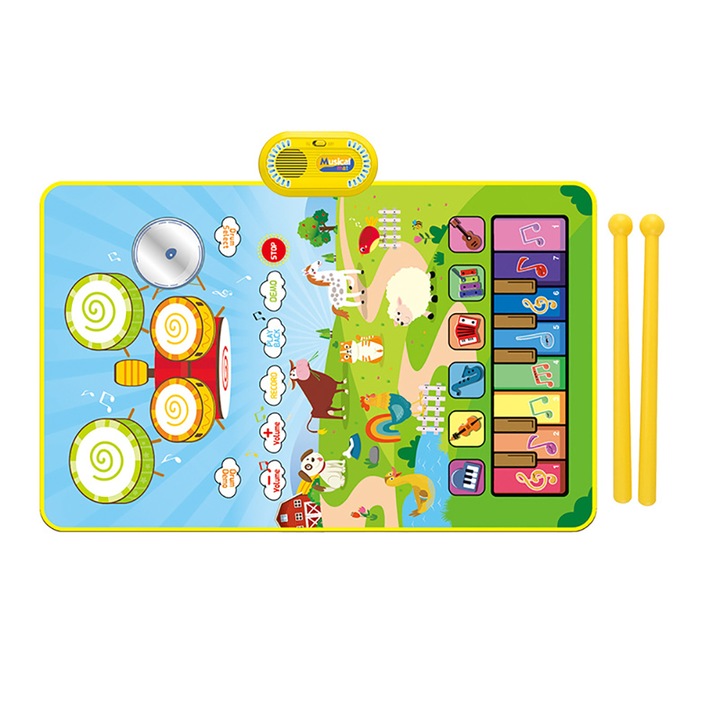 Covoras muzical interactiv copii, BOMSTOM, Jucarie Montessori pentru bebelusi si copilasi mici, 3 in 1, interactiv, 80x50cm, multicolor