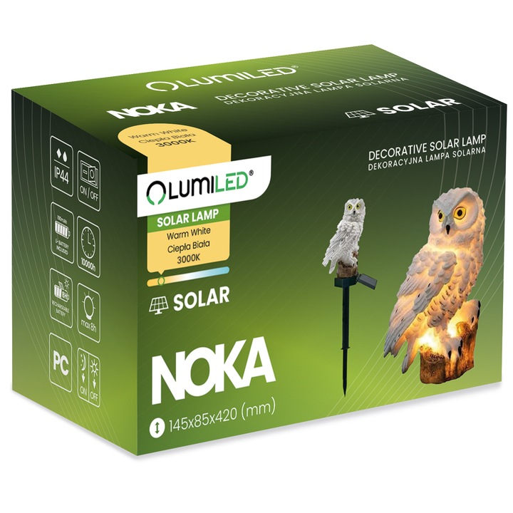 Lampa solara de gradina, Lumiled, forma bufnita, lumina calda, 42x8.5x14.5cm, IP44