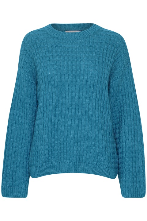 Szorított kötött pulóver kontrasztos bordázattal és vállrészekkel, Kék