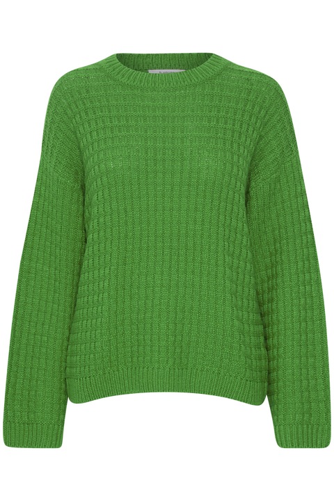 Szorított kötött pulóver kontrasztos bordázattal és vállrészekkel, Zöld