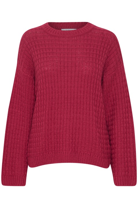 Szorított kötött pulóver kontrasztos bordázattal és vállrészekkel, Piros
