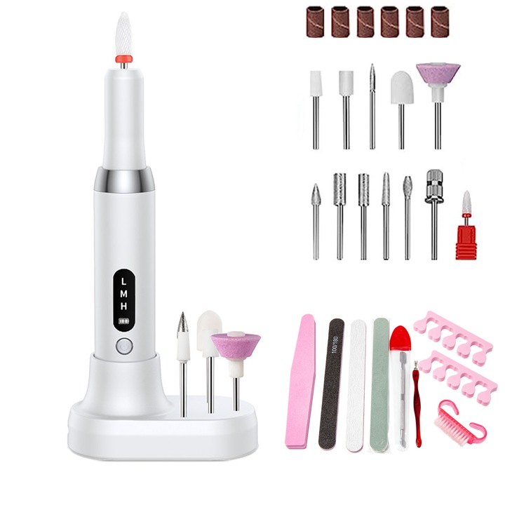 Freza electrica pentru unghii, Axroad Mall, 3 viteze, 35000 RPM, 500 mAh, Cu 12 capete pentru pila, 6 benzi abrazive, despartioare pentru degete, Display LED, Incarcare USB, Metal/Plastic, Multicolor