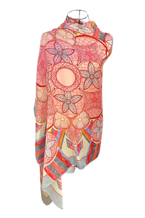 Esarfa tip sal dama 24E din matase vegetala cu atingere de matase fina, roz/gri, 180 x 82 cm