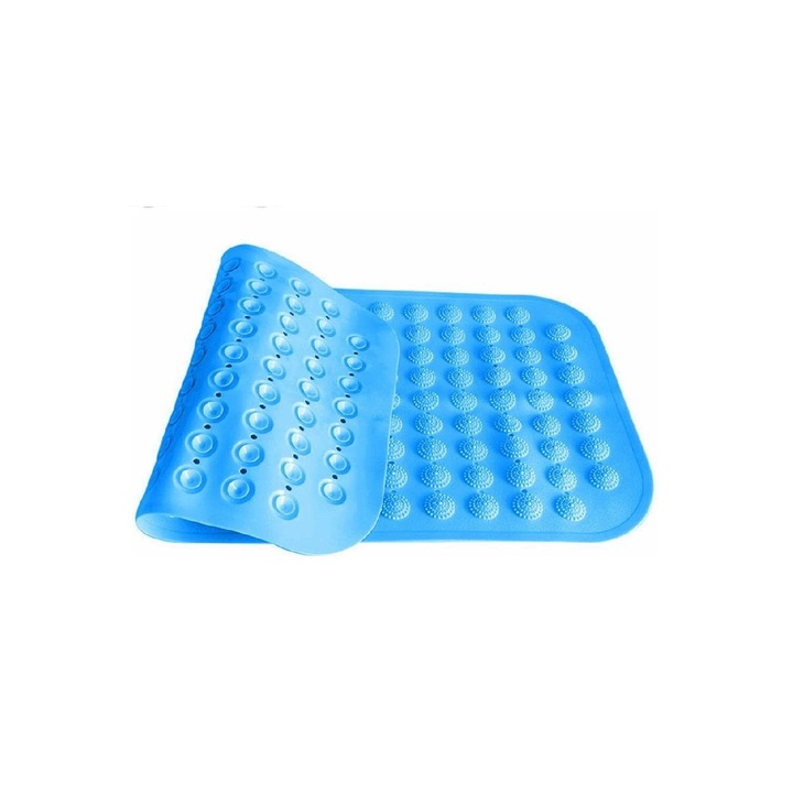 Csúszásmentes fürdőszobaszőnyeg, 48x48 cm, PVC, tapadókorongokkal, lefolyónyílásokkal, talpmasszázs, Kék