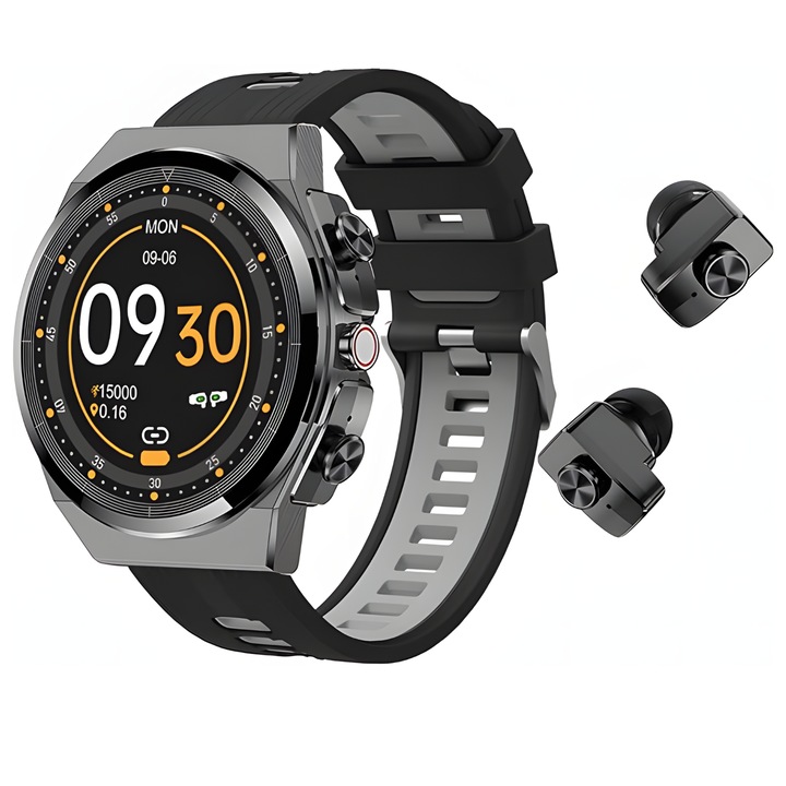 Ceas SmartWatch Cu Casti Audio Stereo, WellLuck, Boxe Bluetooth Incorporate, Rezistent La Apa IP65, Notificari Apeluri/SMS/Social Media, Monitorizare Activitati Fizice, Ritm Cardiac, Tensiune Arteriala, Pedometru, Calorii, Player Muzica, NFC