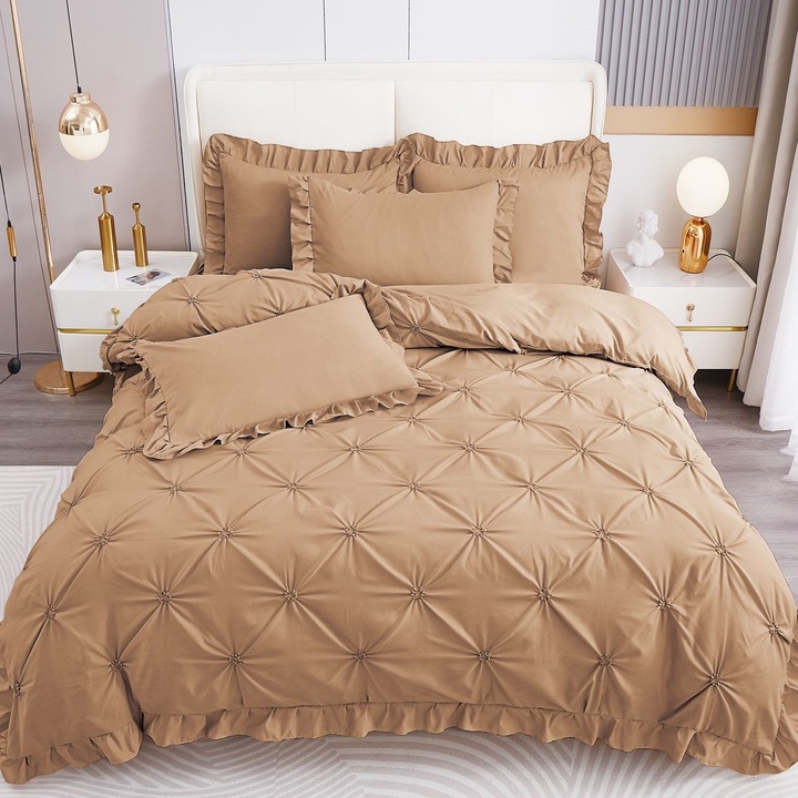 Lenjerie de pat, 2 Persoane, Uni cu pliuri, 4 Piese, Finet, maro, 230 x 250cm, MHR-463