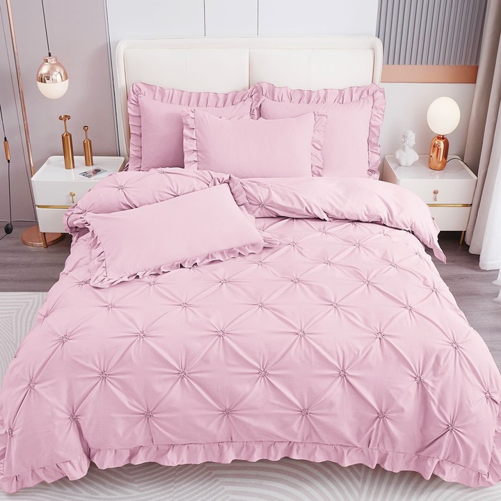 Lenjerie de pat, 2 Persoane, Uni cu pliuri, 4 Piese, Finet, Roz deschis, 230 x 250cm, MHR-472