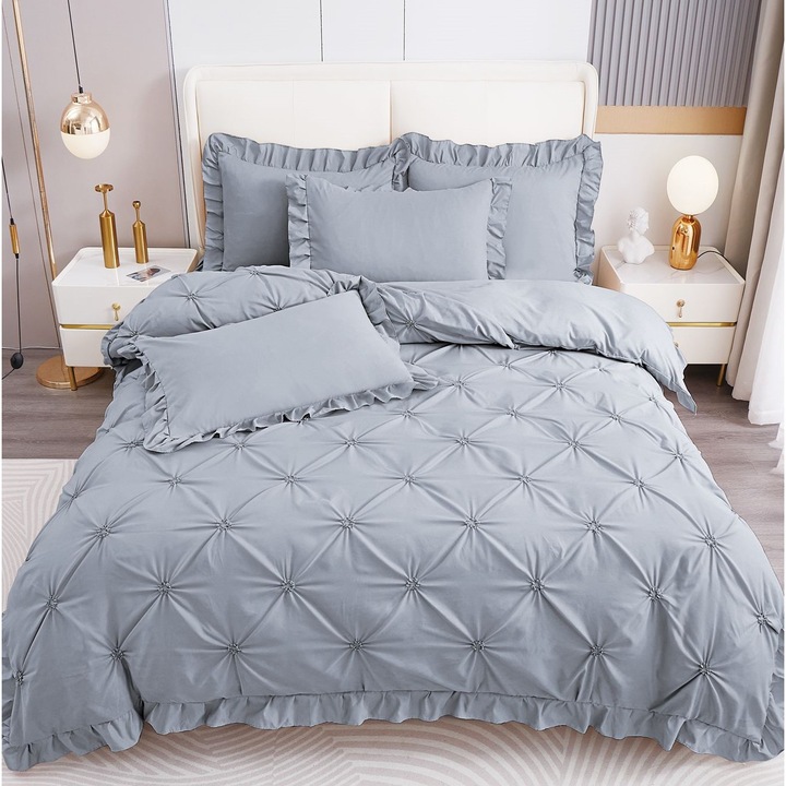 Lenjerie de pat, 2 Persoane, Uni cu pliuri, 4 Piese, Finet, Gri, 230 x 250cm, MHR-498