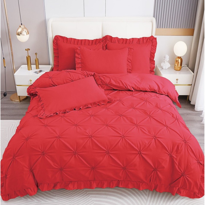 Lenjerie de pat, 2 Persoane, Uni cu pliuri, 4 Piese, Finet, Rosu, 230 x 250cm, MHR-494
