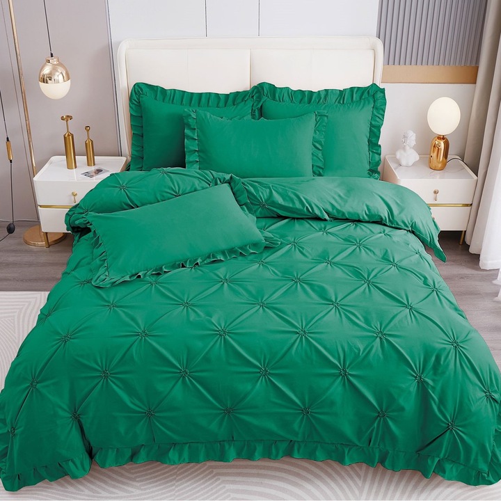 Lenjerie de pat, 2 Persoane, Uni cu pliuri, 4 Piese, Finet, Verde, 230 x 250cm, MHR-510