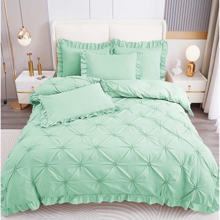 Lenjerie de pat, 2 Persoane, Uni cu pliuri, 4 Piese, Finet, Turcoaz, 230 x 250cm, MHR-513