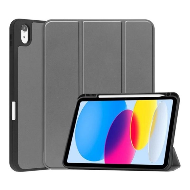 Gigapack tabletvédő álló, bőr hatású, aktív flip, oldalra nyíló, trifold, asztali tartó, ceruza tartó, sötétszürke, kompatibilis: Apple IPAD 11, 2025, / IPAD 10.9, 2022