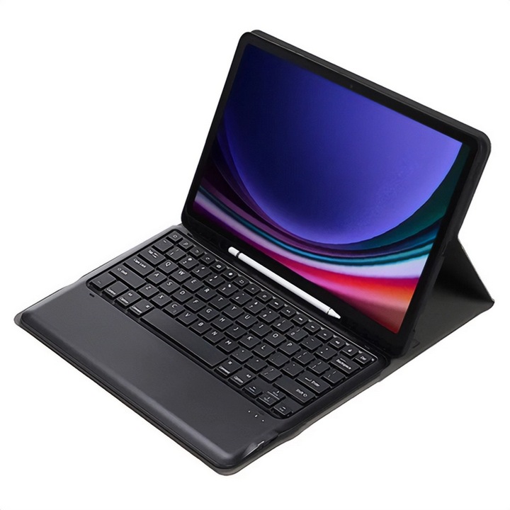 Tablet tok, kompatibilis, Samsung Galaxy Tab S9 Plus LTE (SM-X816) / Galaxy Tab S9 Plus WIFI (SM-X810) Gigapack tok álló, bőr hatású (flip, bluetooth billentyűzet, asztali tartó, qwerty, angol nyelvű, ceruza tartó) fekete, gyártói csomagolás