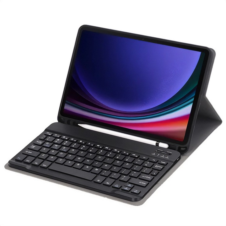 Tablet tok, kompatibilis, Samsung Galaxy Tab S9 LTE (SM-X716) / Galaxy Tab S9 WIFI (SM-X710) Gigapack tok álló, bőr hatású (flip, bluetooth billentyűzet, asztali tartó, qwerty, angol nyelvű, ceruza tartó) fekete, gyártói csomagolás