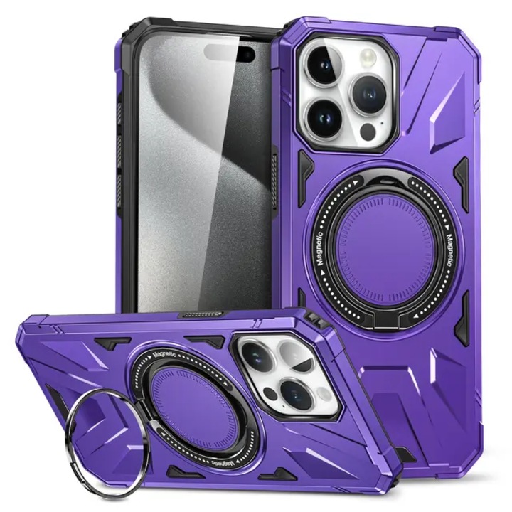 Защитен калъф с магнитна стойка за iPhone 15, CRISTALIS SALE™ с държач за пръстен, Antishock, Magsafe, лилав