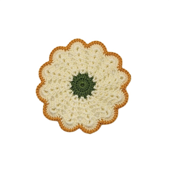 Set 4 coasters crosetate manual, flori crem cu margine colorata - portocaliu