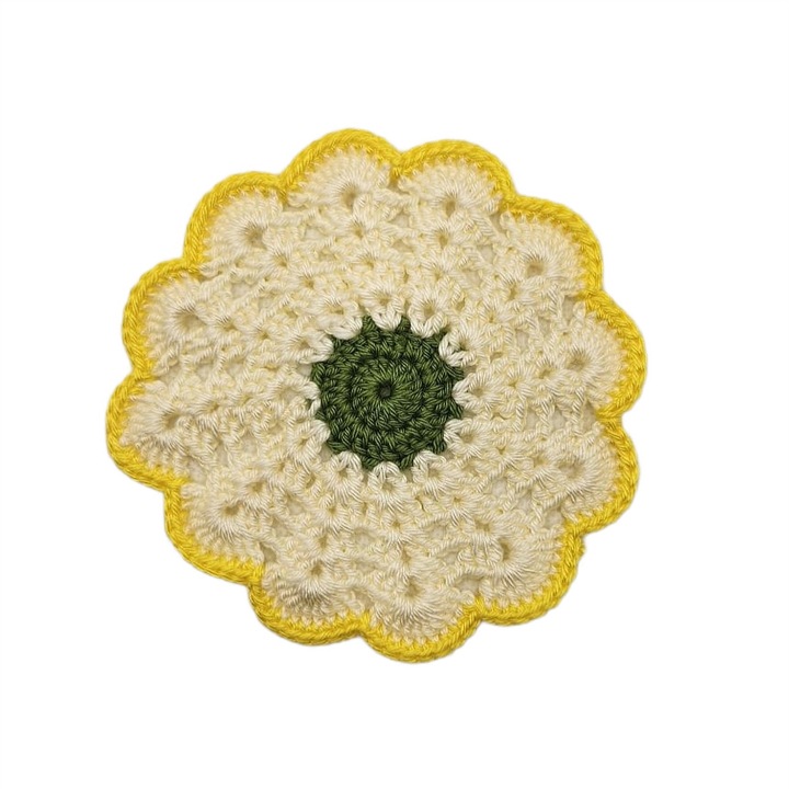 Set 4 coasters crosetate manual, flori crem cu margine colorata - galben