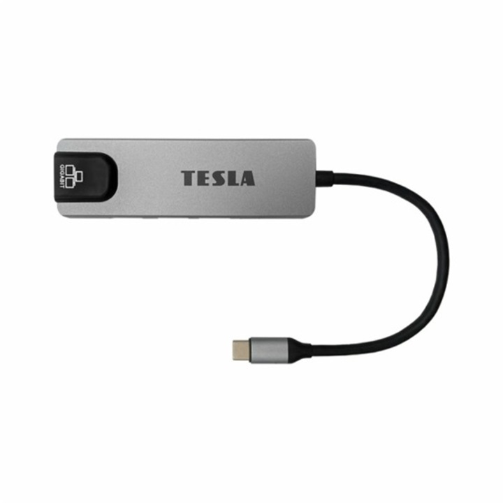 USB хъб, TESLA устройство MP80, 2x USB-A, 1x HDMI, 1x LAN RJ-45, 1x USB-C, USB-C мъжки, сив