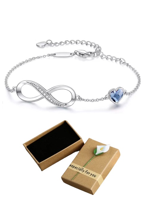 Bratara argintie pentru femei, Ajustabila, pandantiv semnul infinitului, cu cristale semipretioase si inimioare