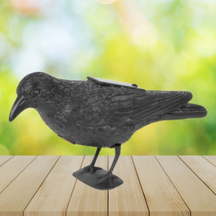 Decoratiune Mercaton pentru Gradina, Tip Lampa Solara, Model Sperietoare Corb cu Sunete si Senzori de Miscare, Plastic, Rezistenta UV, 35x22x10 cm