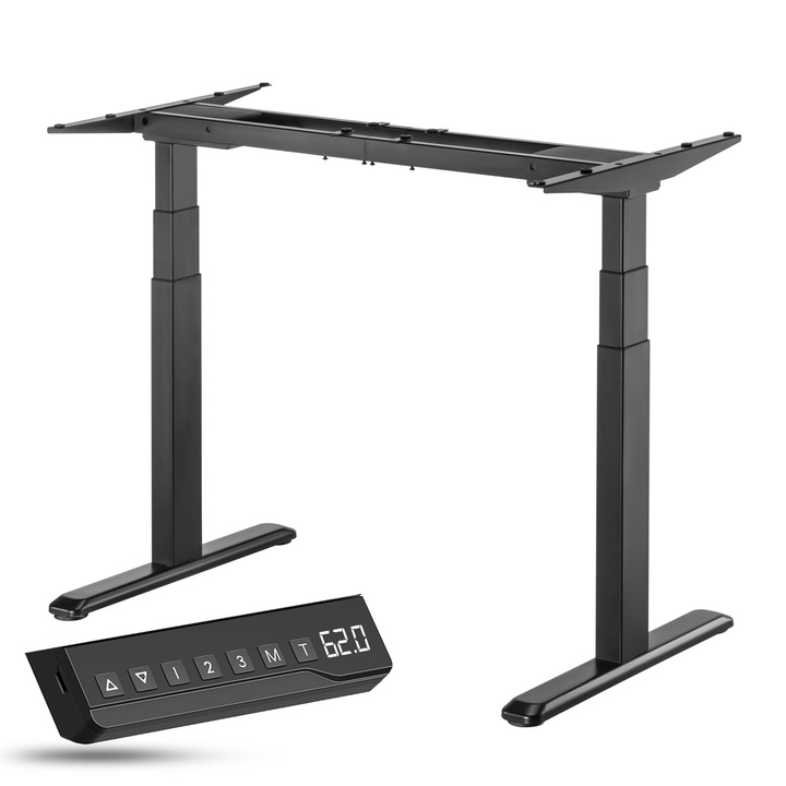Cadru birou reglabil electric StableDesk Plus, 2 motoare, Pana la 100 kg, Panou control cu Butoane, Ergonomic, 3 Functii de Memorie, Sistem Anti-Coliziune, Timer, Inaltime 62-128 cm, Lungime cadru 100-170 cm, Kit Suruburi Instalare Blat - Negru mat