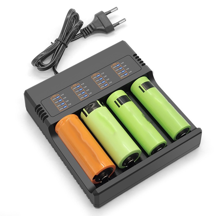 Incarcator Li-ion MRG MS484AX, Pentru Acumulator 10440,14500,16340,16650,14650,18350,18500,18650 De 3,7V, 4 Slot, 4Ah, 220V, Negru