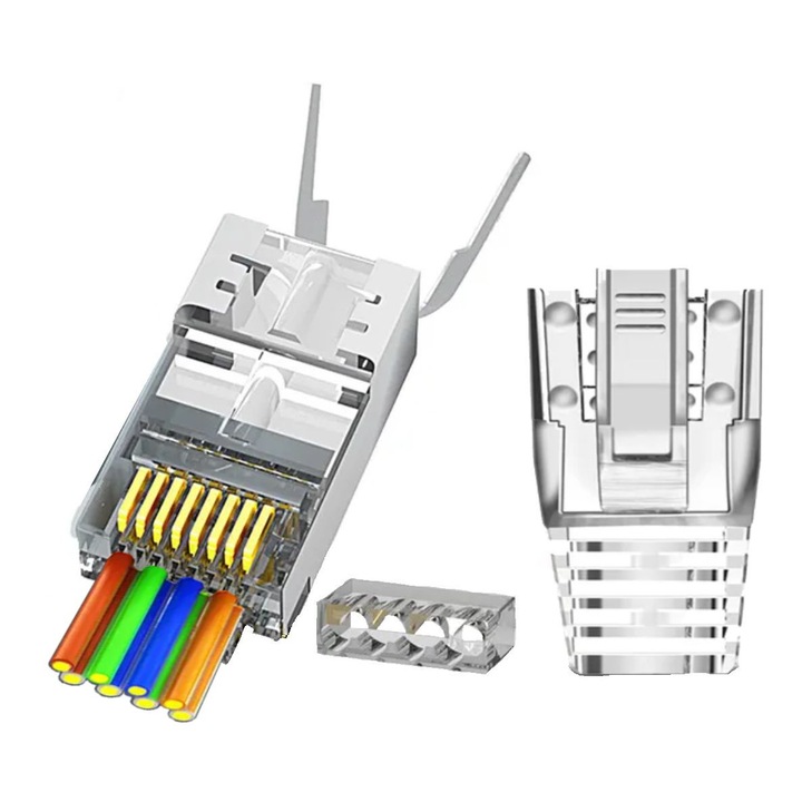 Комплект от 10 - екраниран RJ45 PASS-TROUGH щепсел/с прозрачна втулка, за CAT6 CAT6A CAT7 кабели с дебели проводници 23AWG, издухани в злато щифтове 50 микрона