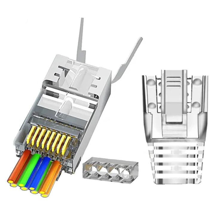 Set 30buc - Mufa RJ45 PASS-THROUGH ecranata/cu manson transparent, pentru cabluri CAT6 CAT6A CAT7 cu fire groase 23AWG, pini suflati cu Aur 50microni