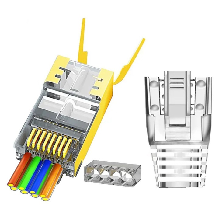 Set 30buc - Mufa RJ45 PASS-THROUGH ecranata/aurita/cu manson transparent, pentru cabluri CAT6 CAT6A CAT7 cu fire groase 23AWG, pini suflati cu Aur 50microni