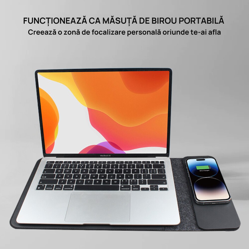 Husa laptop Veridion®, 15-16" 4-in-1 cu incarcator wireless pt telefon, mousepad, protectie zgarieturi si socuri, inchidere magnetica, design slim, neagra