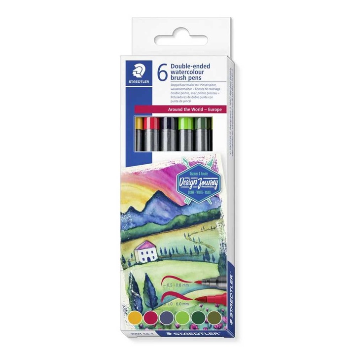 Set 6 carioci acuarele duble cu varf pensula, Staedtler, culori asortate 3001-C6 Mix