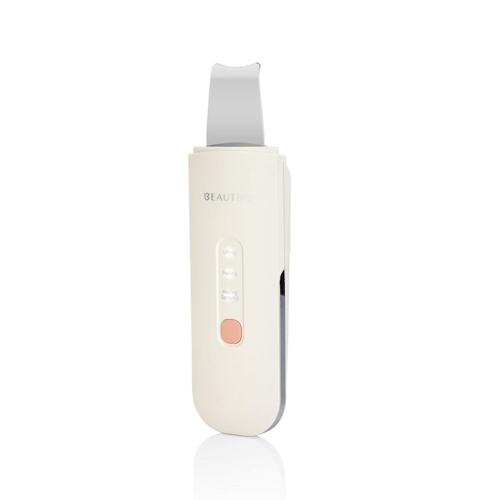 Aparat de curatare faciala cu ultrasunete si aburi 2in1 Beautifly, Scrub Aqua Glow PRO, pentru toate tipurile de ten, curata profund pielea, elimina punctele negre si impuritatile, electrostimulare, exfoliere blanda, efect lifting, reincarcabil, alb