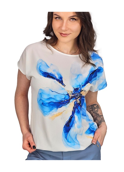 Bluza dama, Agrafka, imprimeu floral, marimea 42, Alb/Albastru