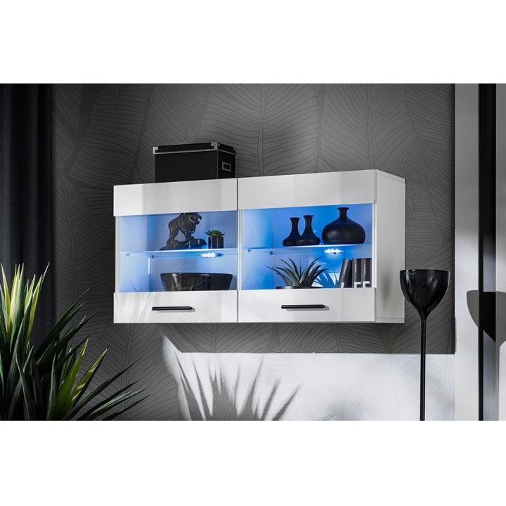 Vitrina Savona, Komodee, 100 x 50 x 30 cm, PAL, LED albastru, Alb/Alb