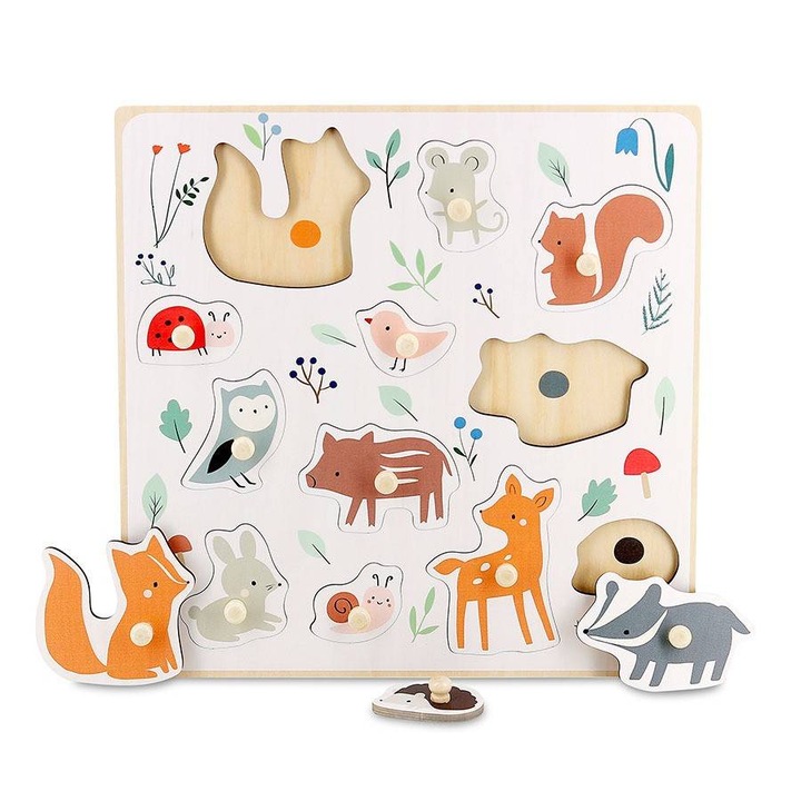 Puzzle incastrat, Animale din padure, design Sarah Betz, brand VILAC, 18 luni +