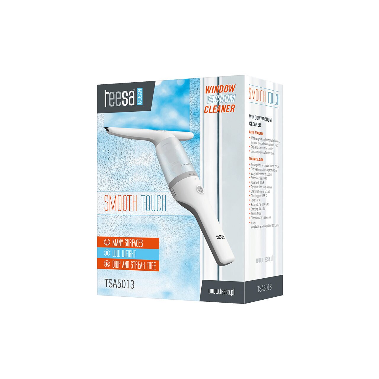Aspirator pentru curatare geamuri Teesa Acumulator, IPX4, USB-C, Latime lucru 28 cm
