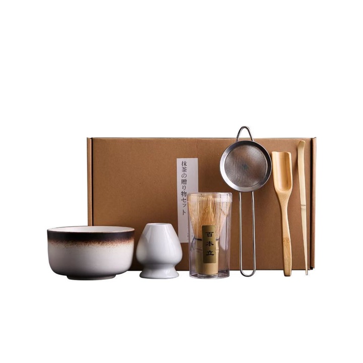 Японски комплект за чай Matcha 6 части, бял